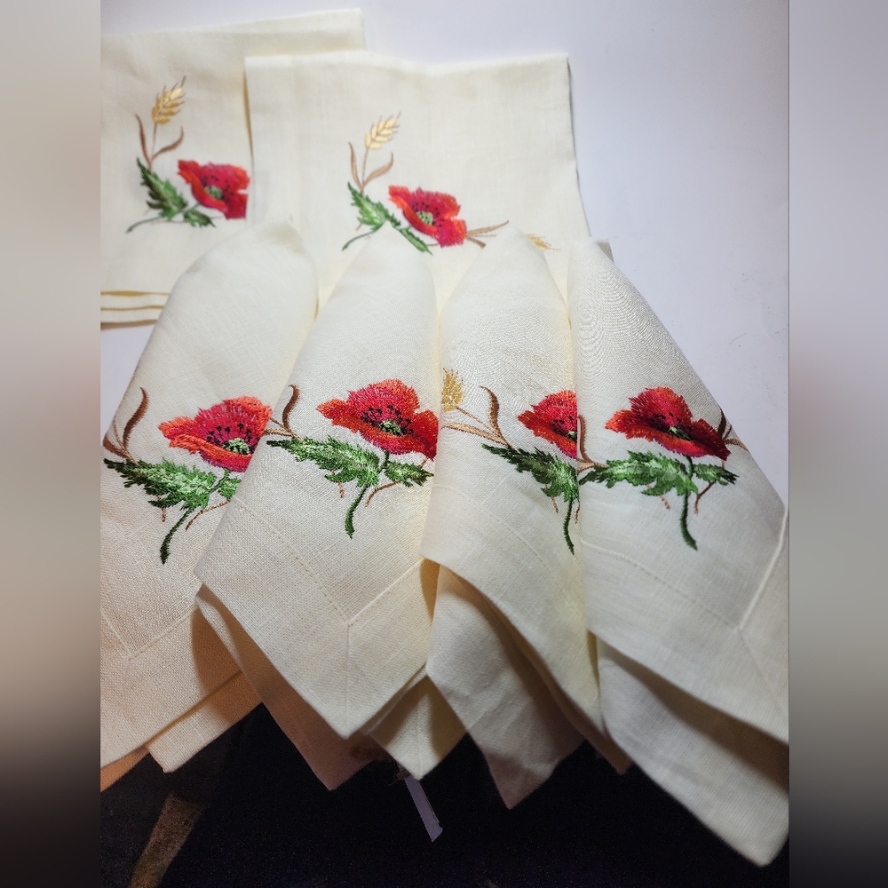 6 Linen Cloth Table Napkins with Embroidery - Soft and Durable - , 16" x 16